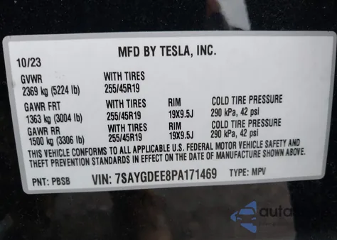 2023 Tesla Model Y Awd/Long Range Dual Motor All-Wheel Drive из США, поврежденный, VIN 7SAYGDEE8PA171469